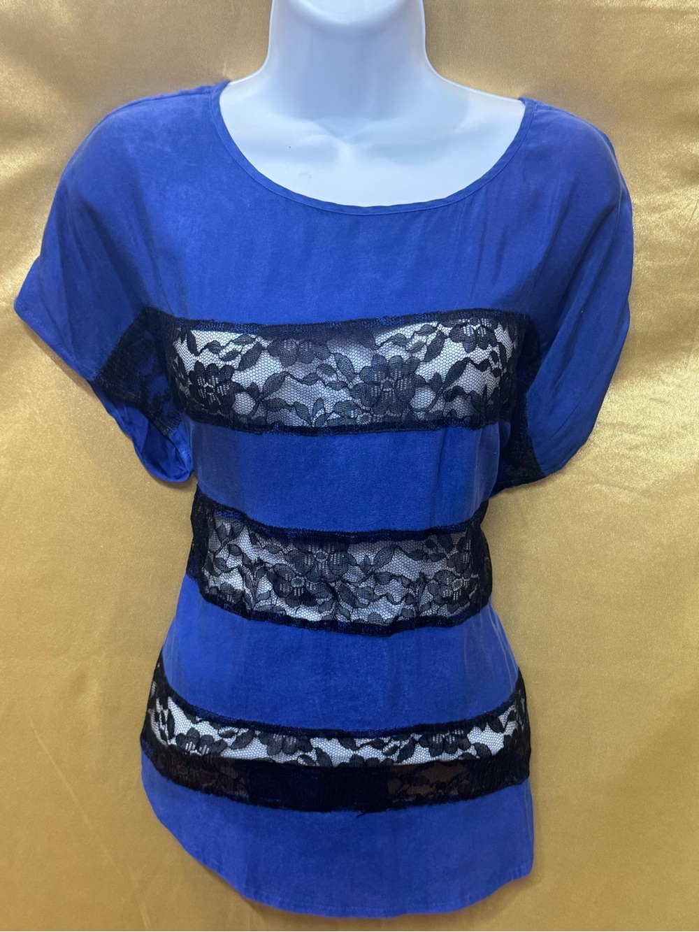 Express Royal Blue Lace Stripe Short‎ Sleeve Blouse Size XS